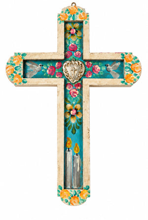 LGE WHITE WOODEN CROSS W/HEART MILAGROS Mexican wholesale