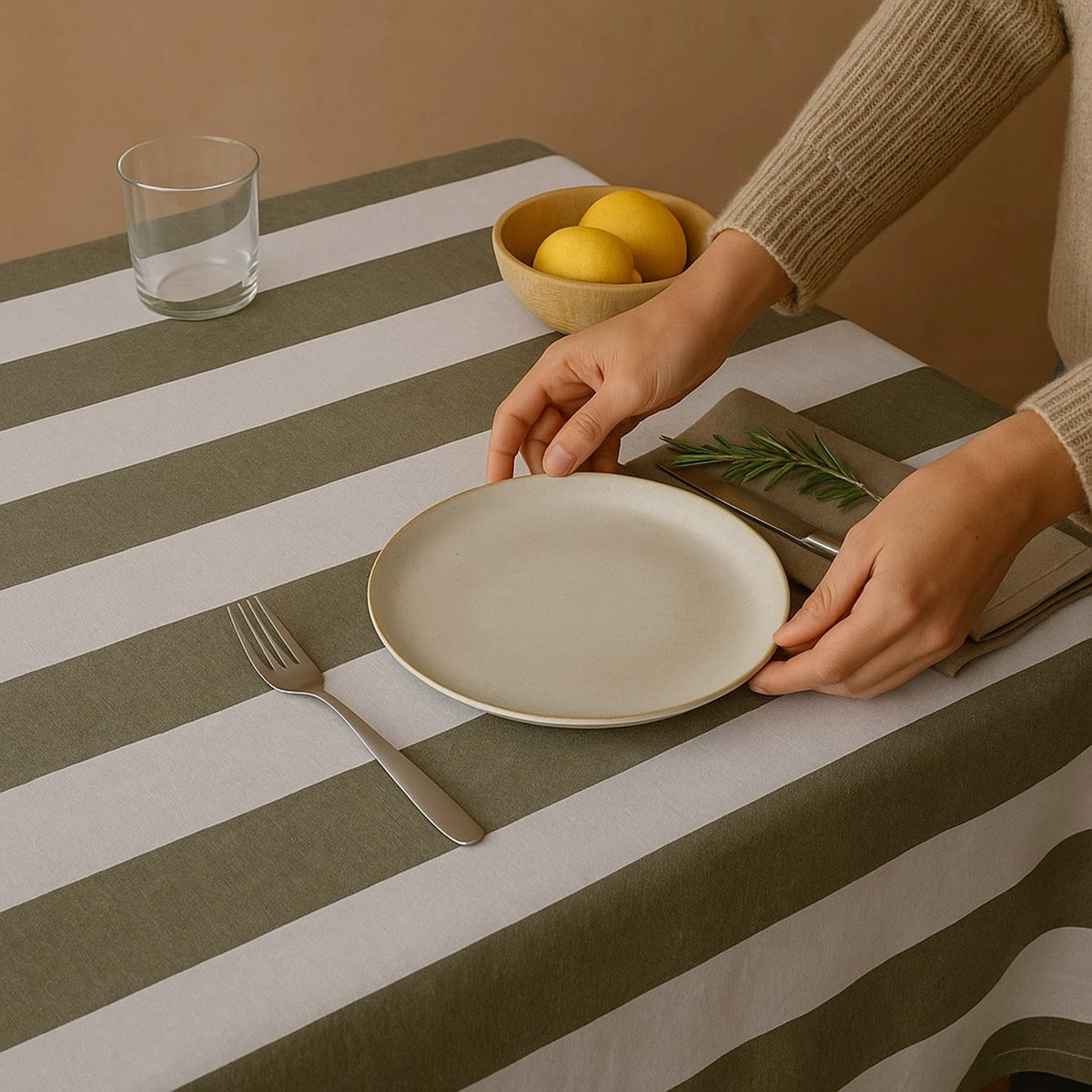 Chambray Stripe Tablecloth Olive