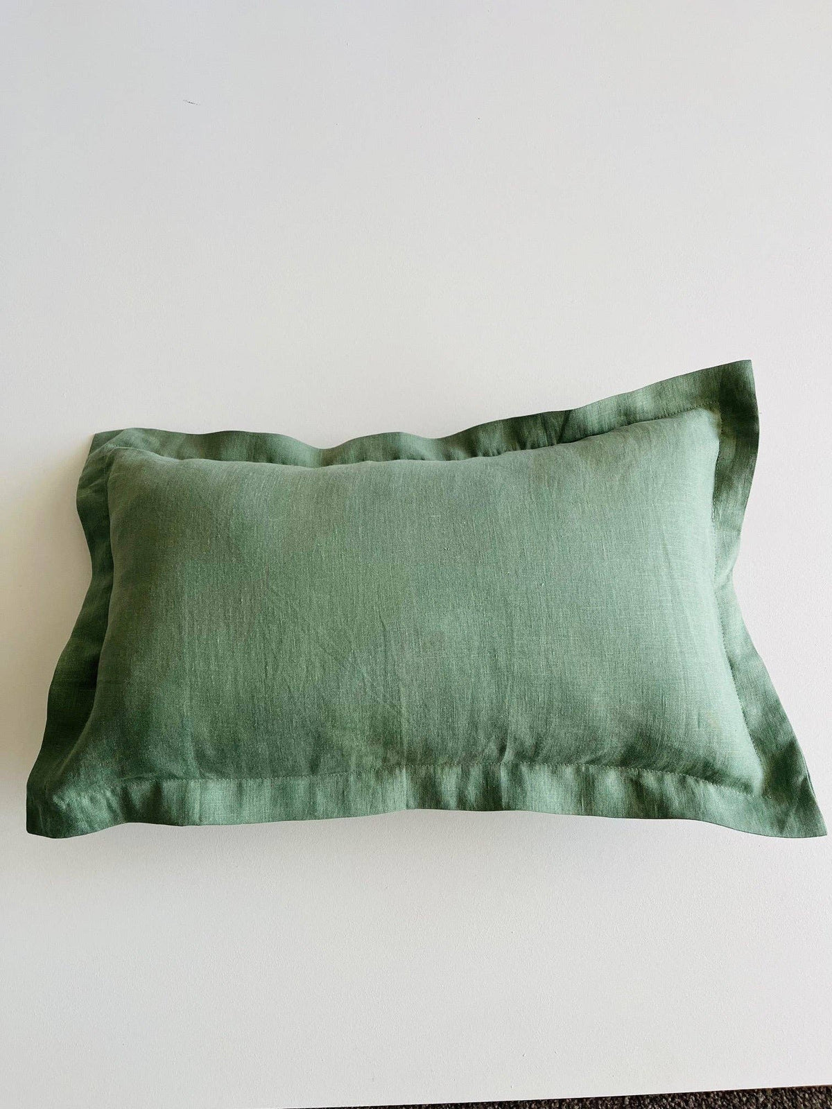 Pure French Linen Lumbar Cushion Cover with Flange Detail - Deep Sage