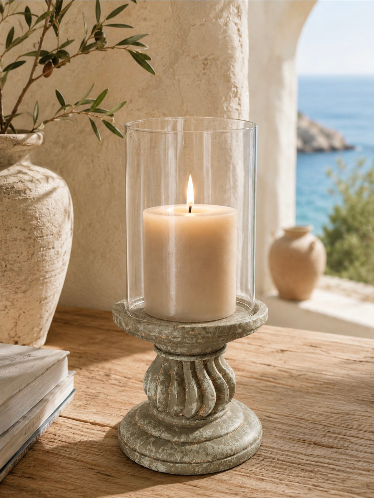 Hurrican Candle Holder Moss W/Glass