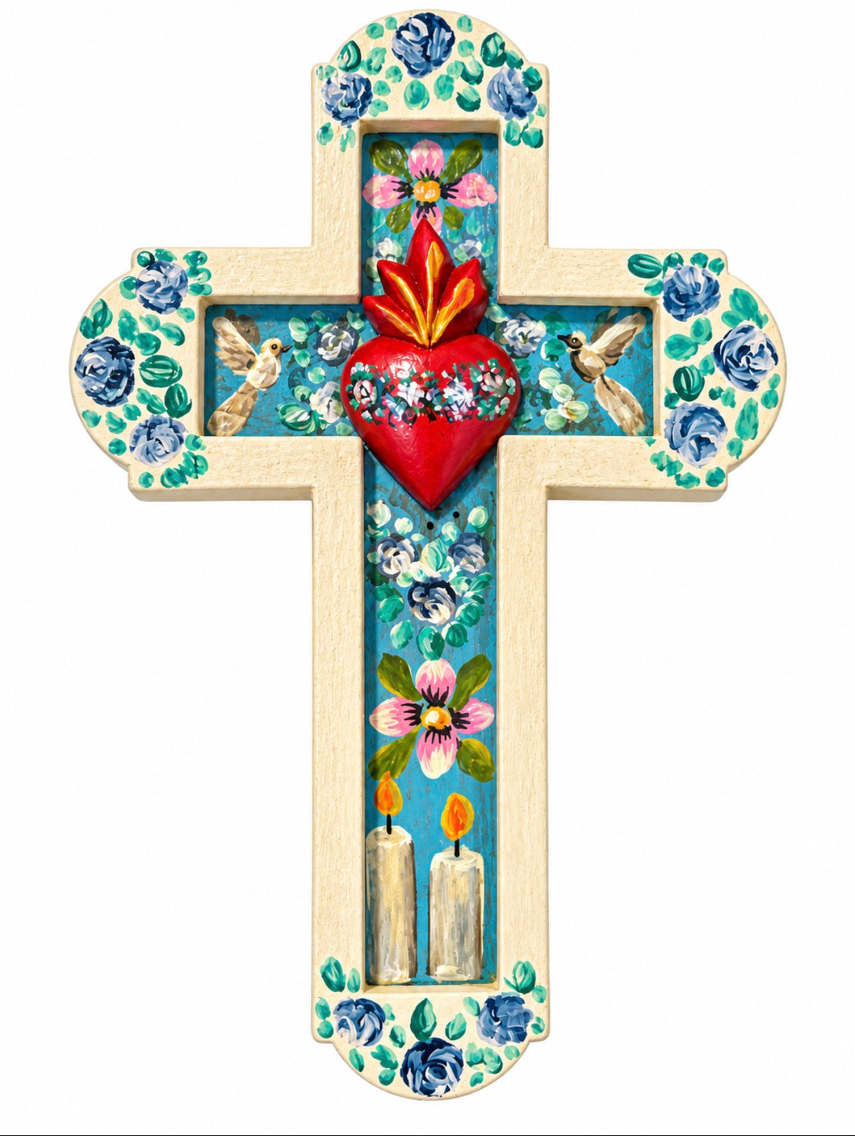 Handpainted White Cross w/Sacred Heart Mexican wholesale