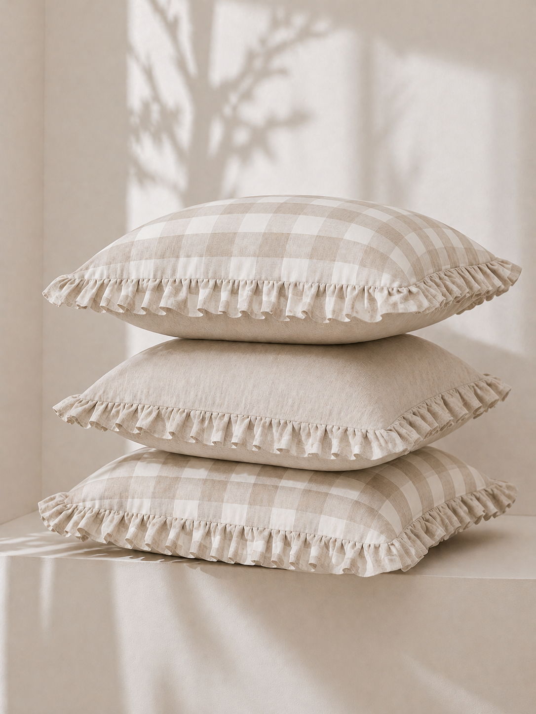 Reversible Linen Ruffle Cushion Cover - Natural Gingham - Natural