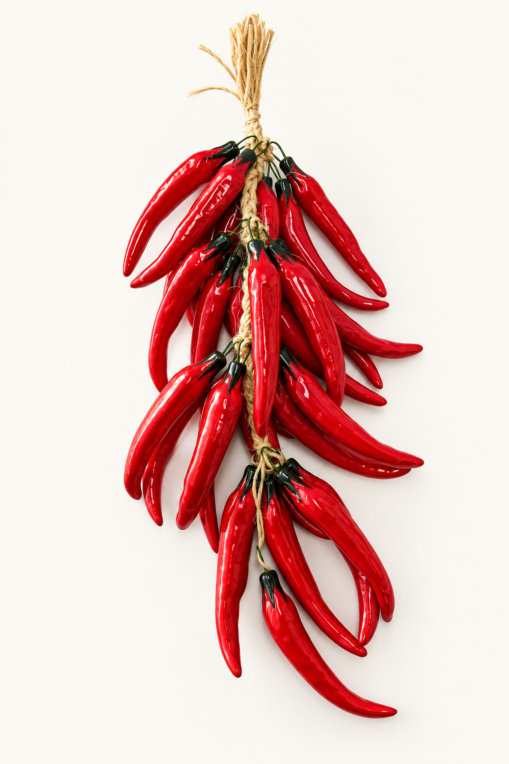 A decorative hanging bunch of glossy red chili peppers tied together with natural twine, photographed against a plain light background.