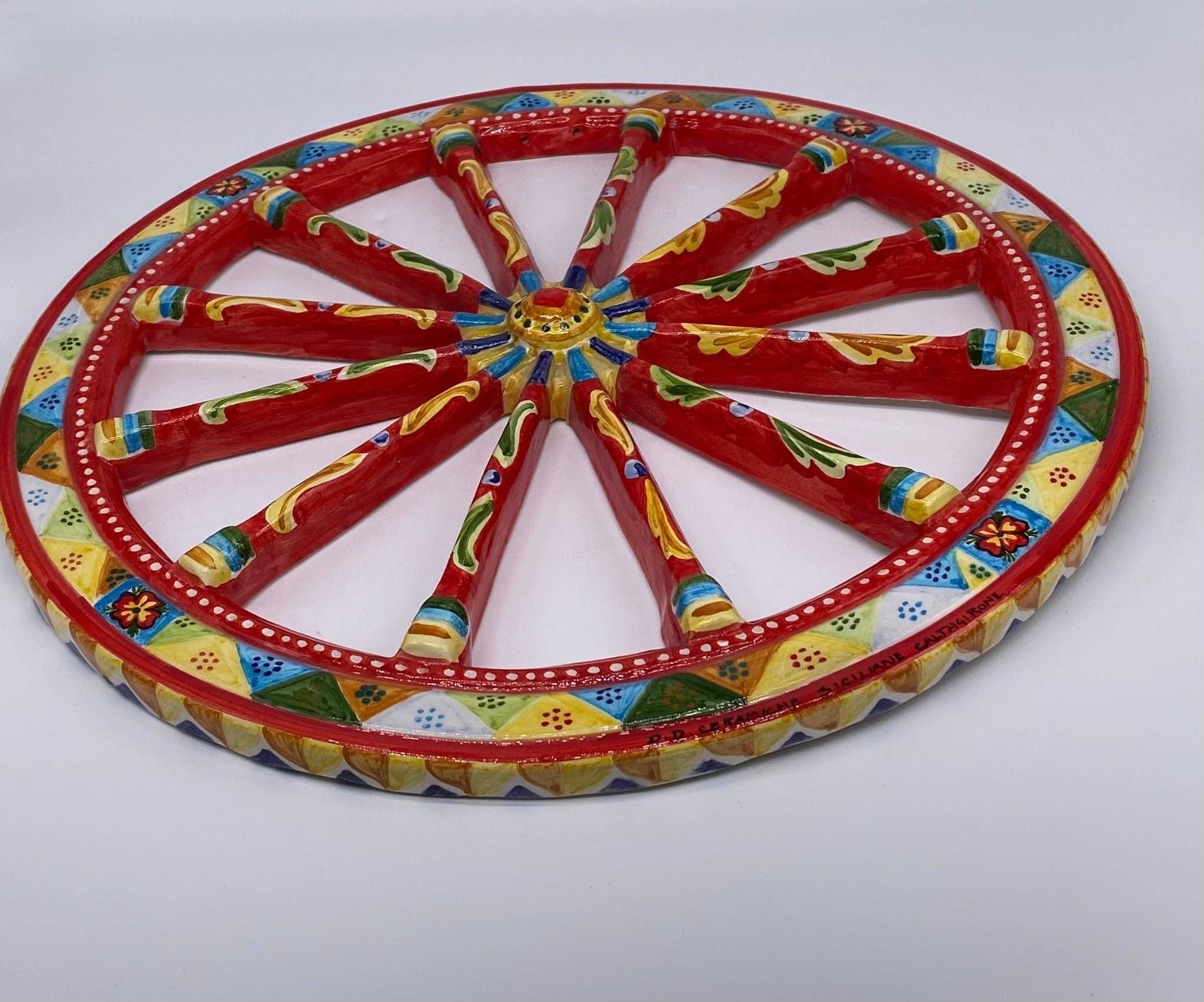 Sicilian Cart Wheel Ceramic Caltagirone Diameter 30 cm Handcrafted Decorated V.1s