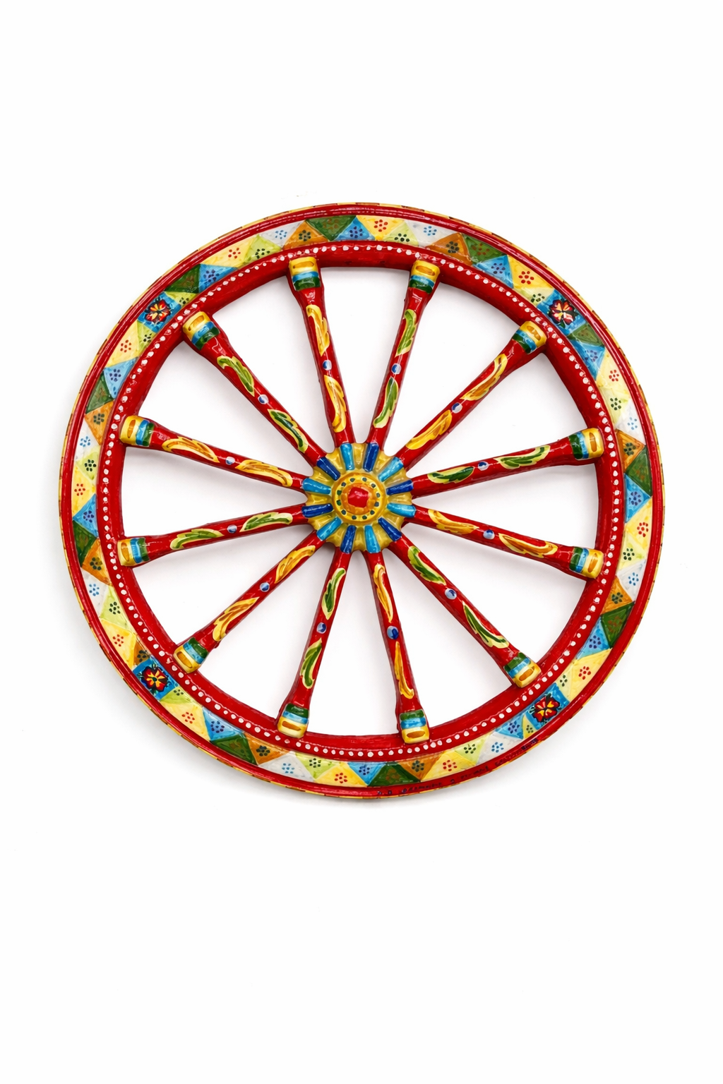 Sicilian Cart Wheel Ceramic Caltagirone Diameter 30 cm Handcrafted Decorated V.1s